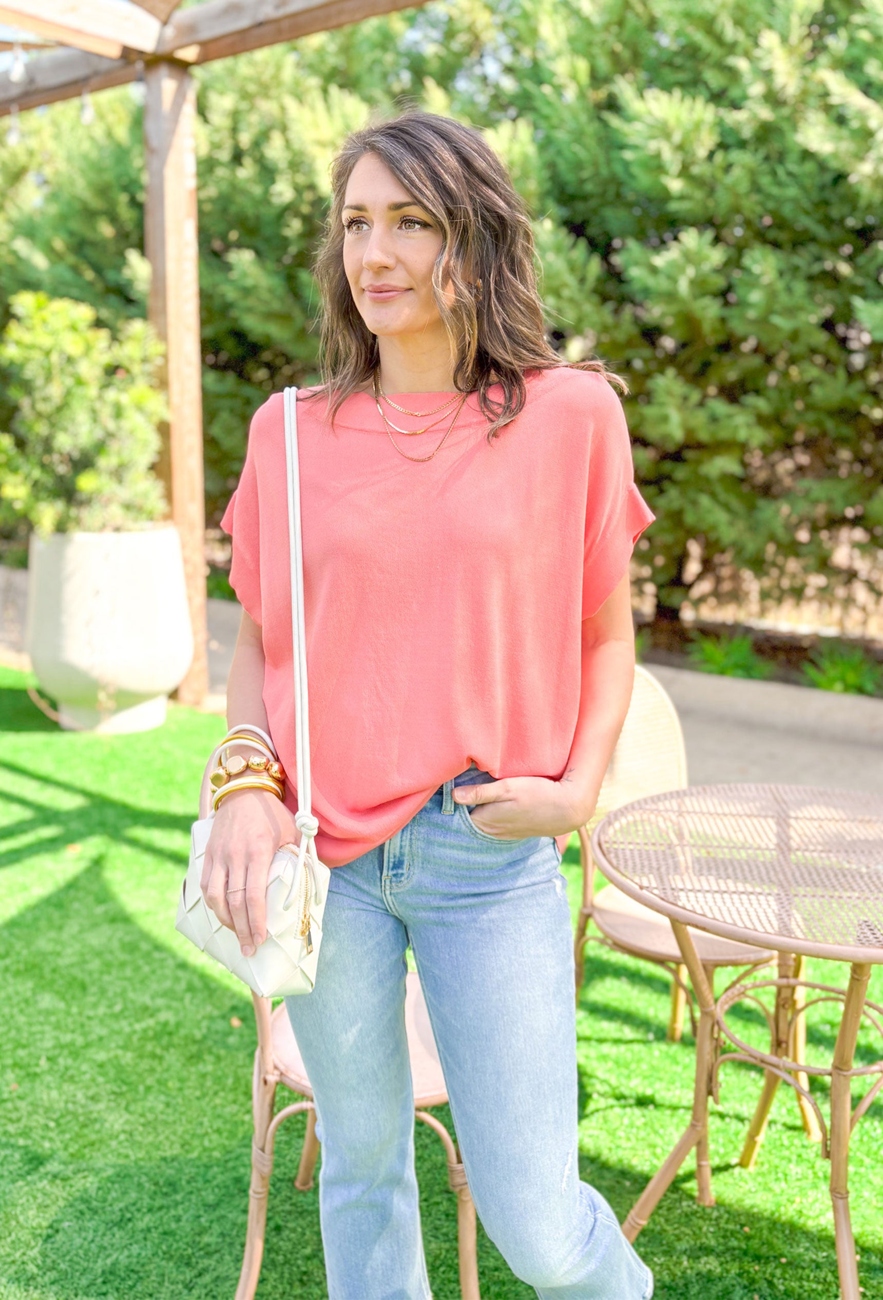 Old Ways Top in Salmon, light weight short sleeve top in a salmon color 