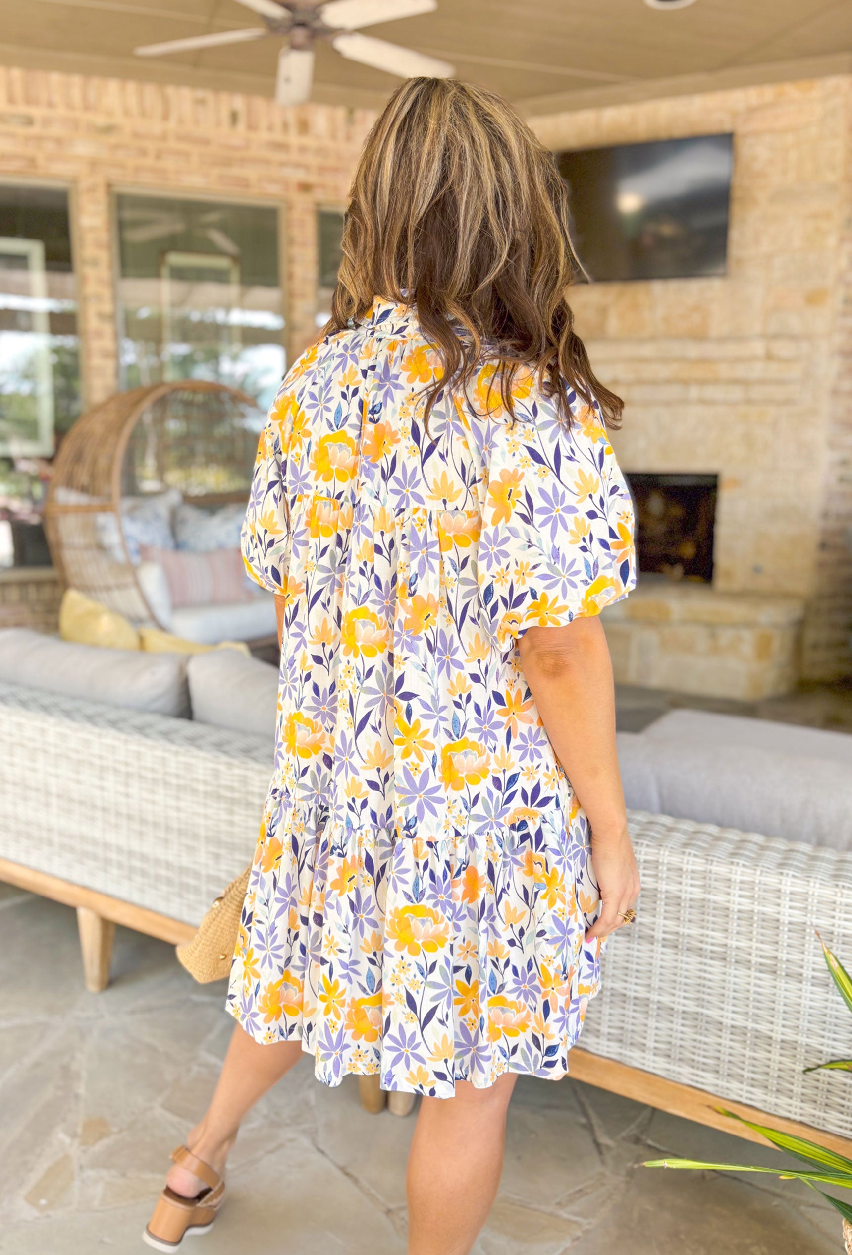 One Can Dream Floral Dress, off white button down puff sleeve tiered dress with yellow, periwinkle and indigo floral print 