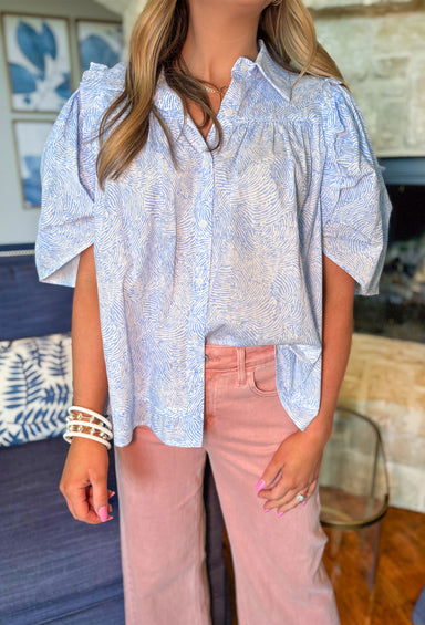 One Day At A Time Top, blue and white line detailed short sleeve top with ruffle/ puff sleeve, button down, and collar