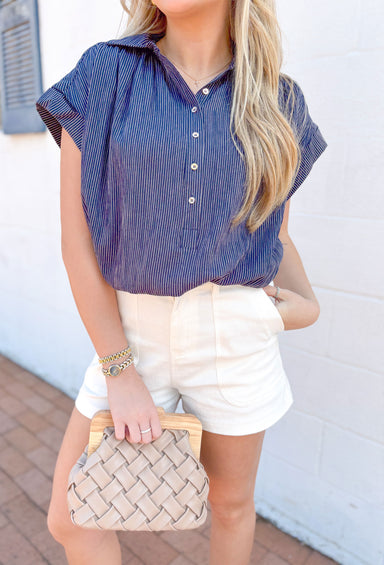 One Thing At A Time Top, short sleeve navy button down with light pinstripe detailing