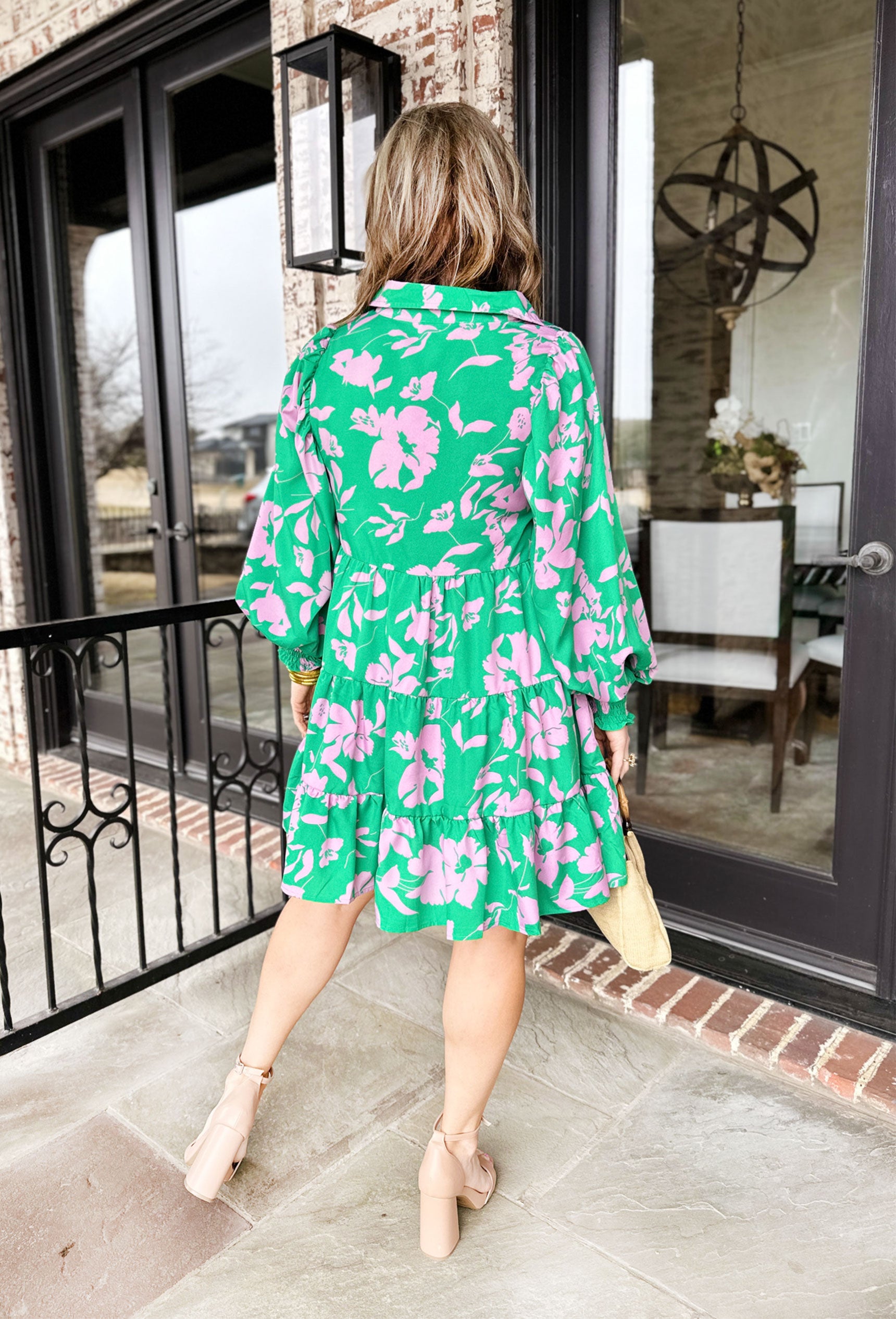 Paris Dreaming Floral Dress, green and pink long sleeve dress with collar, cinching on the wrists, and quarter button down 