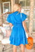 Park Avenue Dress in Cobalt Blue, short puff sleeve dress with ruffling on the neck, v-neck, double line cinching at the waist and tiering at the bottom of the dress