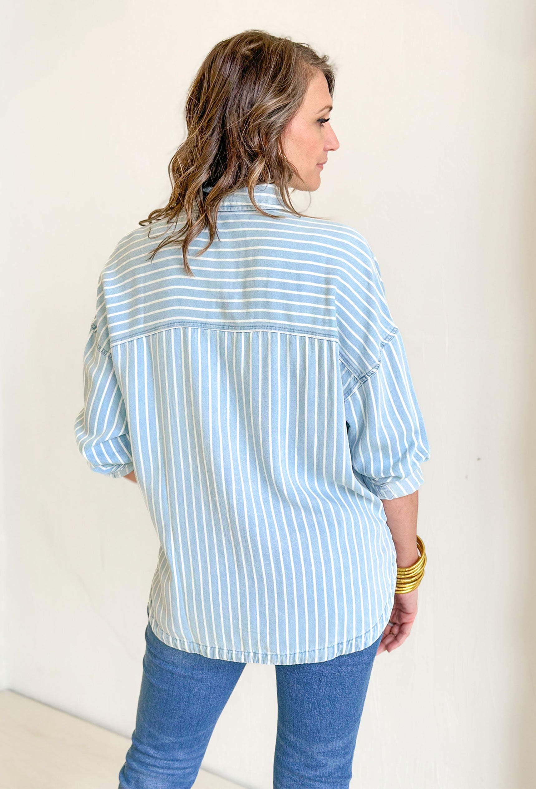 Passing Time Striped Button Up Top, denim and white striped button up with two front pockets