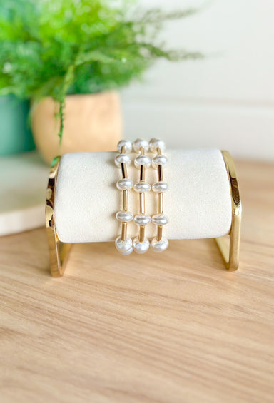 Pearl's Night Out Bracelet Set, pearl and gold stack of 3 bracelets
