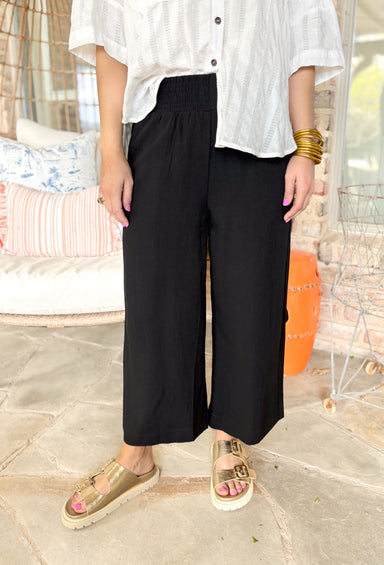 Piper Linen Pants in Black, black linen wide leg pants with elastic waistband and pockets
