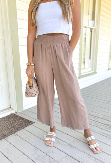 Piper Linen Pants in Tan, tan linen wide leg pants with elastic waistband and pockets