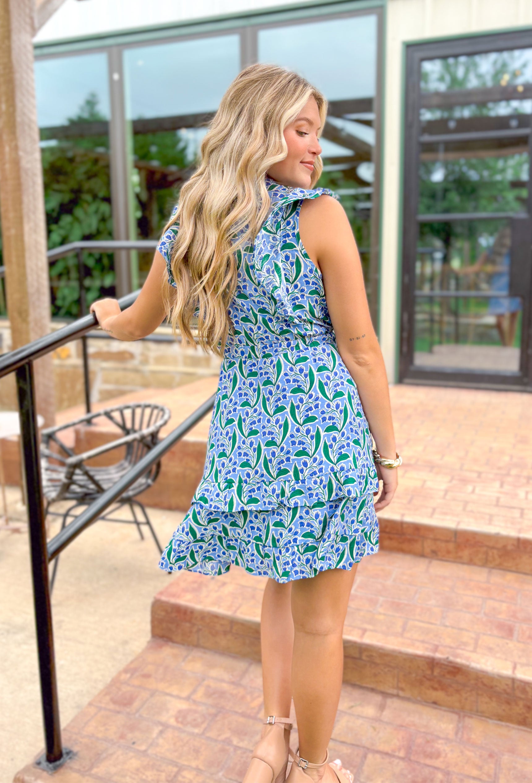 Ready For Brunch Floral Dress, ruffle sleeve dress with cinching at the waist and ruffle tiering, v-neckline, blue, green, and white abstract floral design 