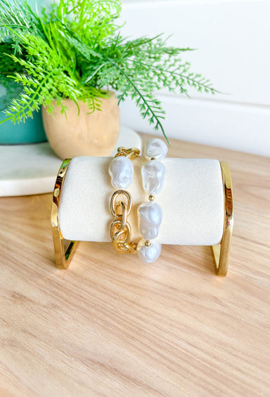 Really Into You Bracelet Set, chunky gold chain and pearl bracelet set of two