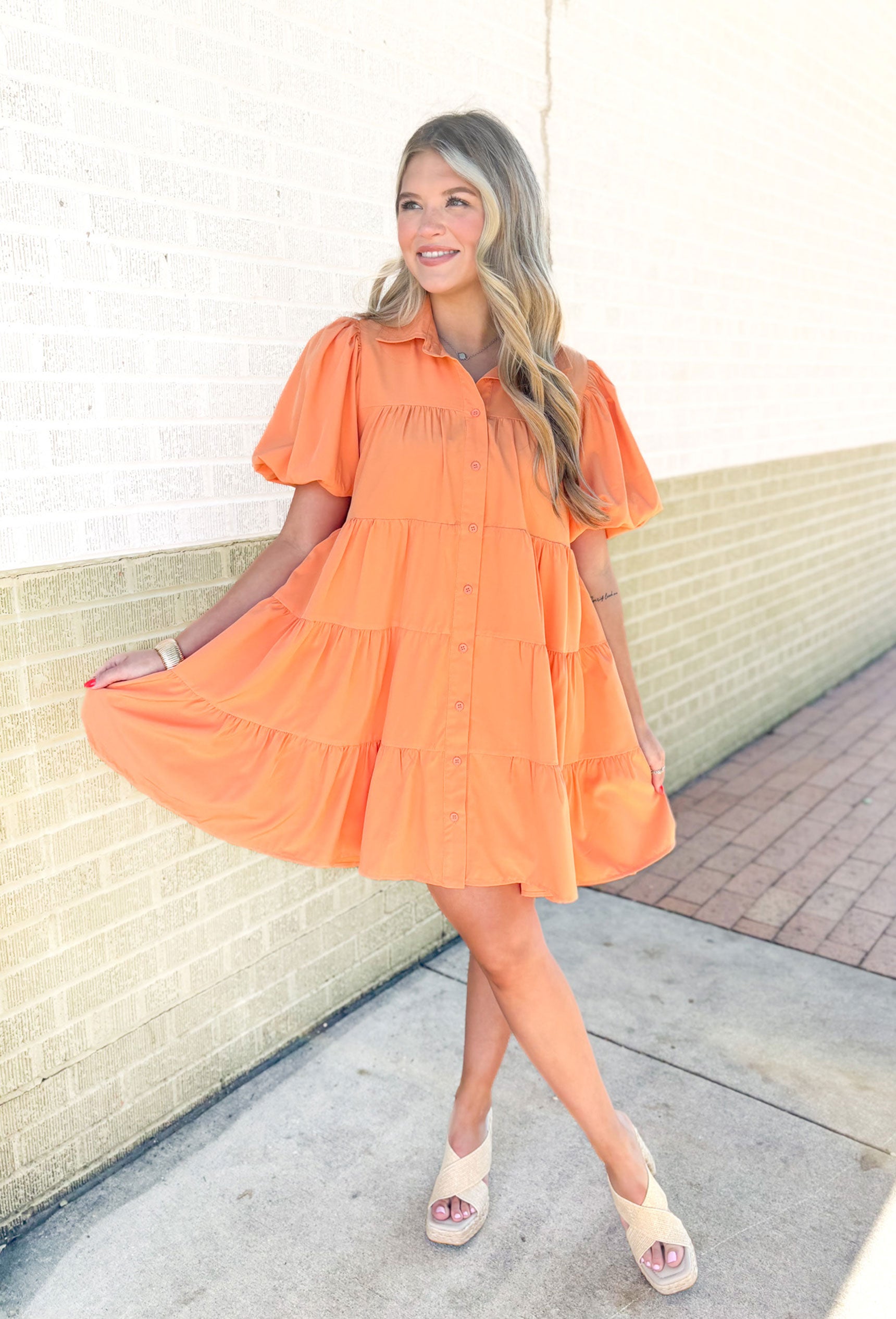 Serena Dress in Apricot, babydoll puff sleeve button up dress in apricot orange 