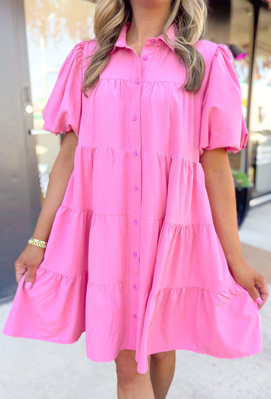 Serena Dress in Pink, short puff sleeve button up dress with tiering 