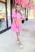 Serena Dress in Pink, short puff sleeve button up dress with tiering 
