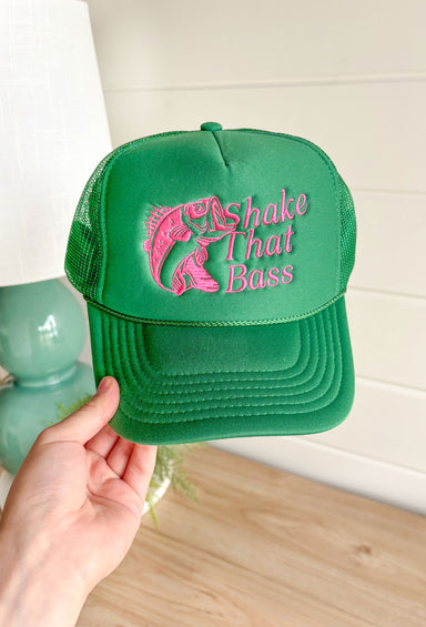 Charlie Southern: Shake That Bass Trucker Hat in Green, green otto trucker hat with hot pink embroidery of the bass pro shop fish with words "shake that bass"