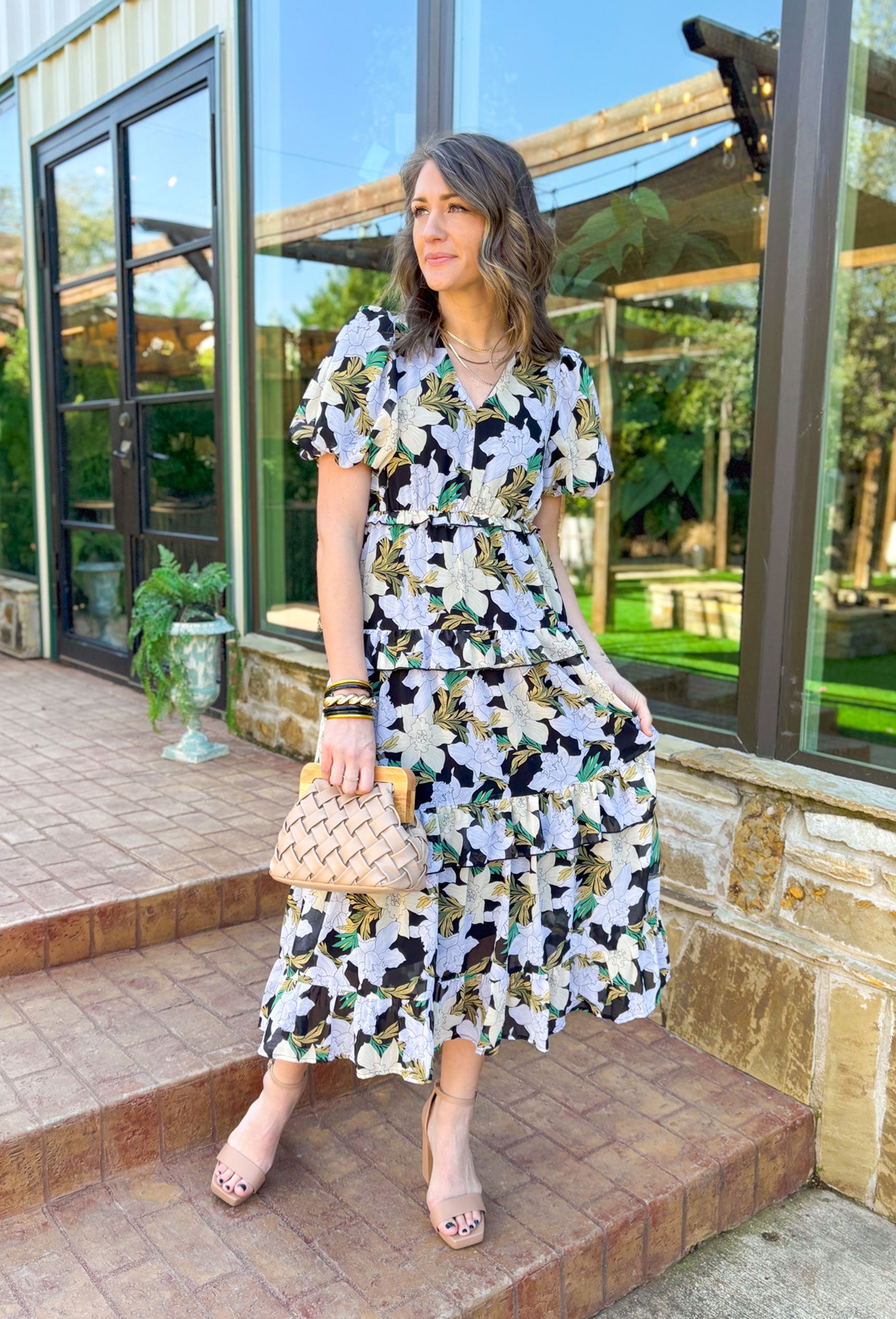 Spin Me Around Floral Midi Dress, short puff sleeve floral midi dress with v-neck in the colors periwinkle, black, bone, green, and sage