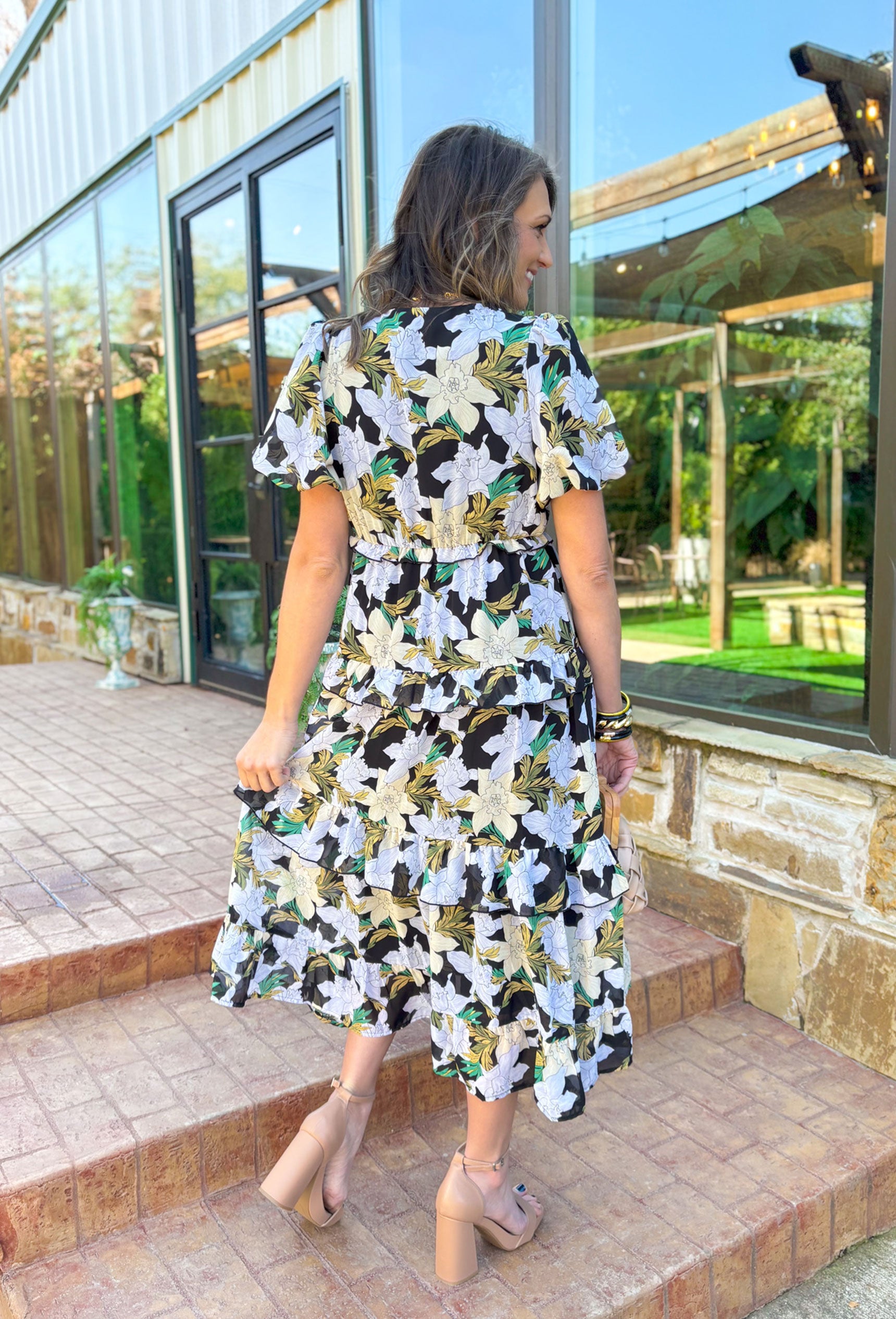 Spin Me Around Floral Midi Dress, short puff sleeve floral midi dress with v-neck in the colors periwinkle, black, bone, green, and sage