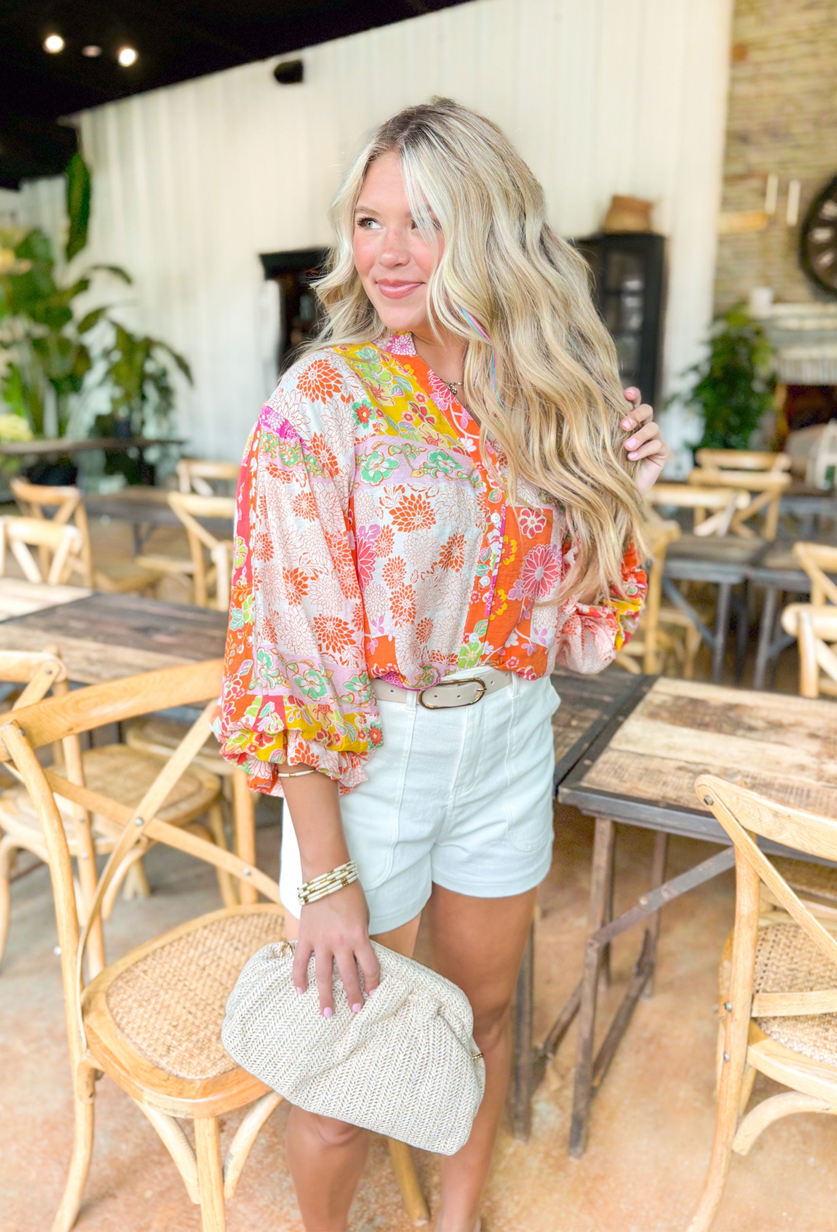 Spring Dream Floral Blouse, blouse quarter length sleeve button down with floral print in the colors orange, cream, yellow, green, and hot pink