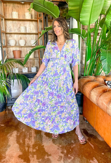 Spring Dream Floral Maxi Dress, short sleeve maxi dress in lavender with lilac and purple flowers with white and yellow details and green leaves