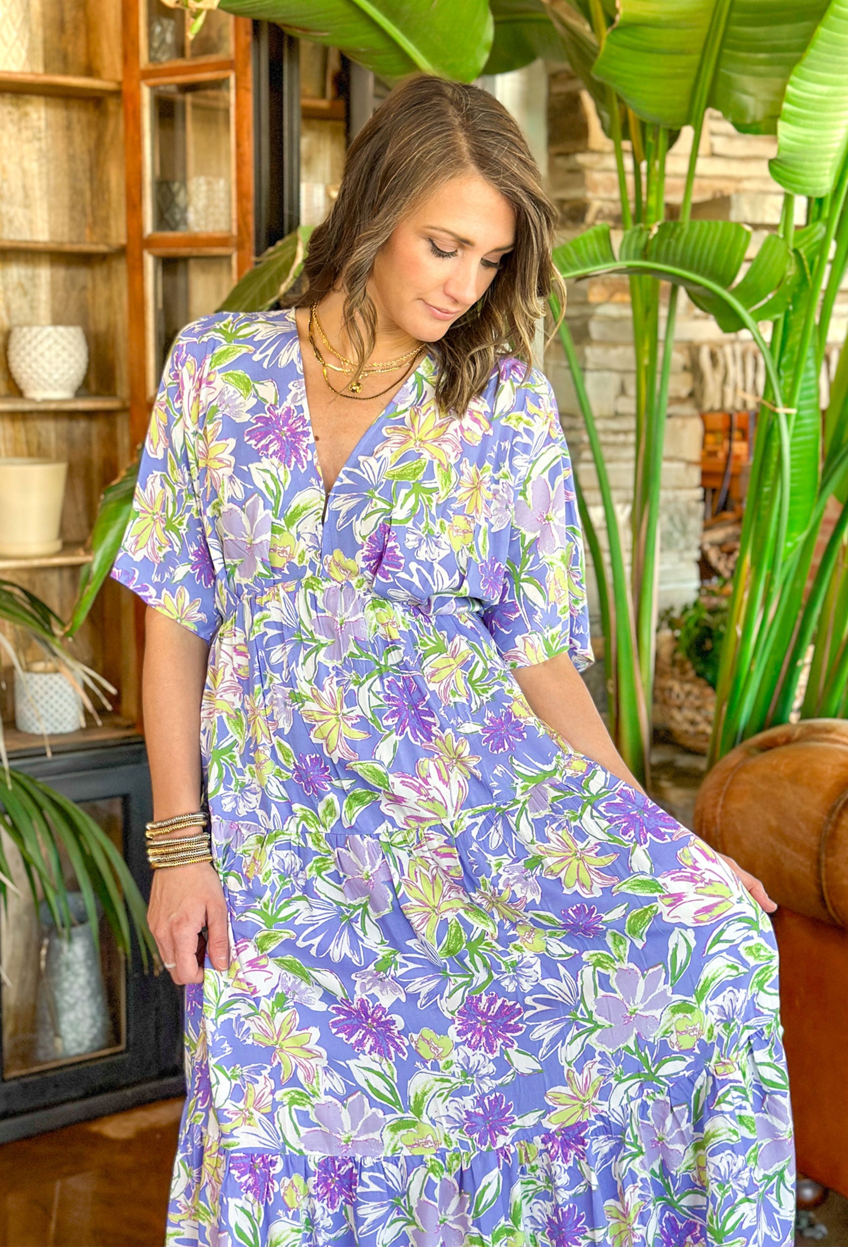 Spring Dream Floral Maxi Dress, short sleeve maxi dress in lavender with lilac and purple flowers with white and yellow details and green leaves