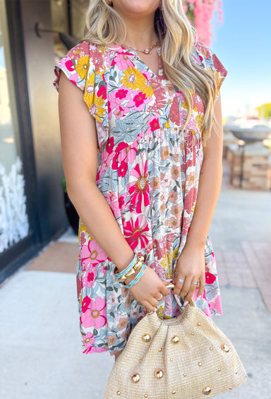 Spring Fever Floral Dress, ruffle sleeve v-neck floral dress with tiering in the colors hot pink, bubblegum pink, mauve, yellow, light blue, mustard, sage and white