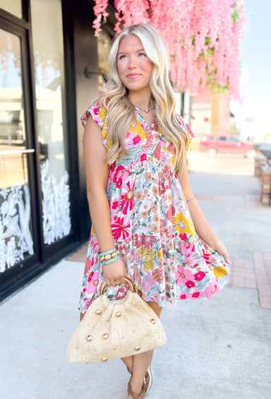 Spring Fever Floral Dress, ruffle sleeve v-neck floral dress with tiering in the colors hot pink, bubblegum pink, mauve, yellow, light blue, mustard, sage and white