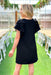 Steal Your Attention Dress, black dress with texture, ruffle details on the sleeves, pearls on the shoulders, soft v-neck