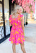 Summer Crush Floral Dress, hot pink and bright orange floral dress with square neck, ruffle sleeves, and tiering 