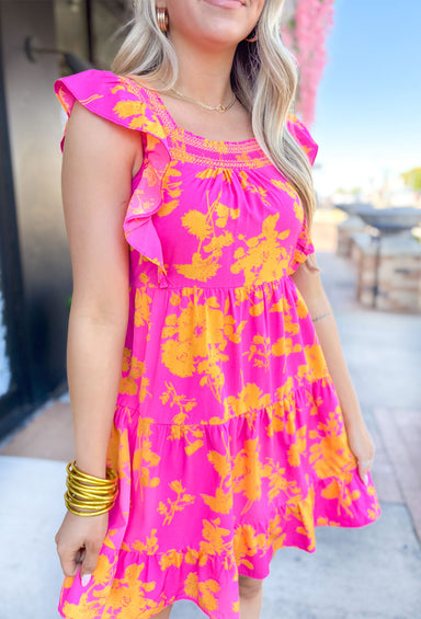 Summer Crush Floral Dress, hot pink and bright orange floral dress with square neck, ruffle sleeves, and tiering 