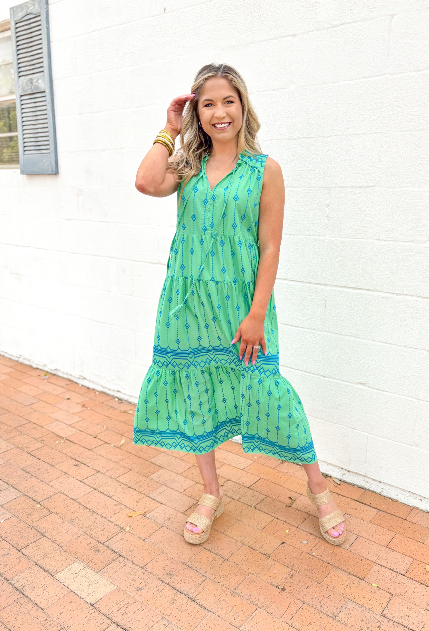 Summer Getaway Midi Dress, green sleeveless tiered midi dress with cobalt blue embroidered designs 
