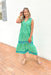 Summer Getaway Midi Dress, green sleeveless tiered midi dress with cobalt blue embroidered designs 