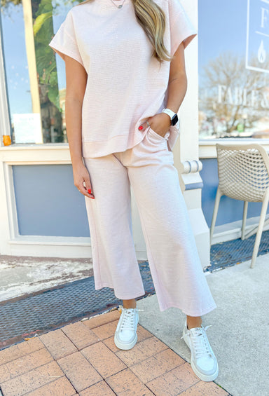 Sunday Morning Feeling Pants, textured light pink wide leg pants with pockets 