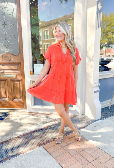 Sunny Days Dress in Tangerine, gauze dress with rolled short sleeve and tiering in a tomato orange 