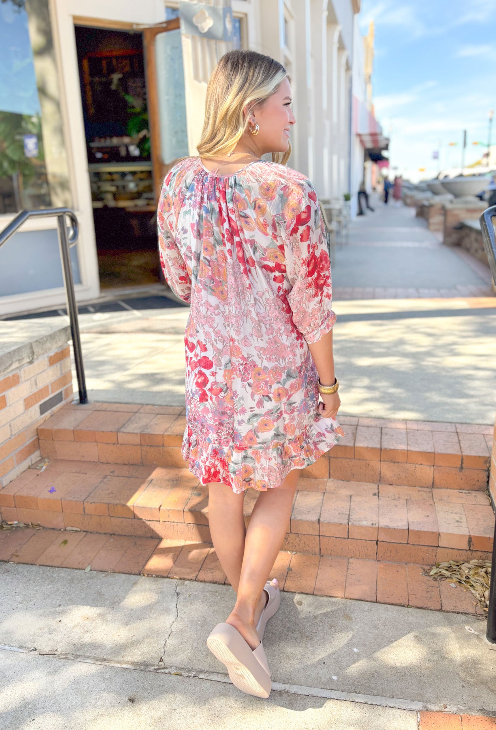 Sweetest Secret Floral Dress, short sleeve drawstring waist band dress in a floral print with the colors, cranberry, cream, rose, light mauve, light blue, and sage
