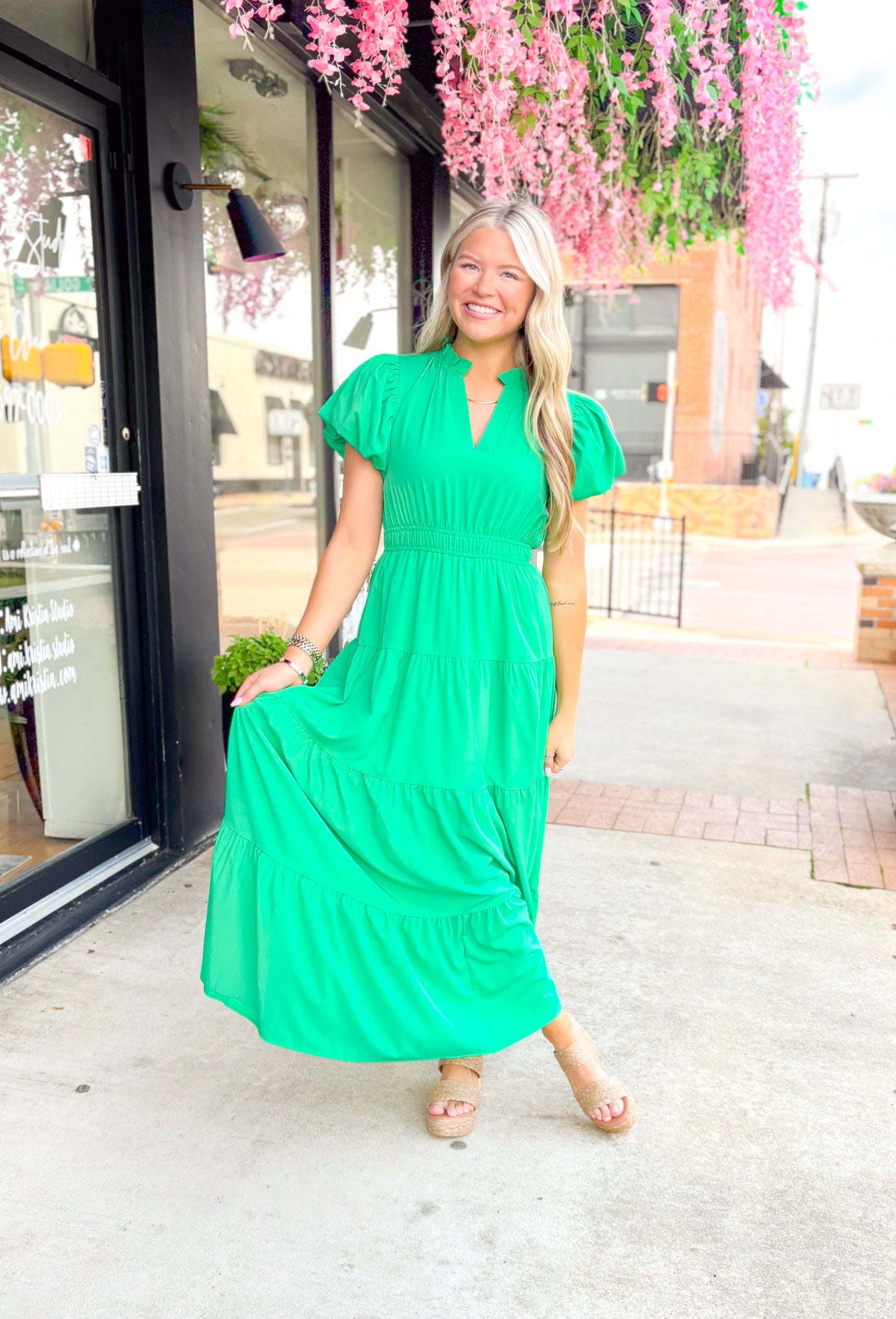 Take It To Heart Midi Dress in Green, short puff sleeve midi dress with cinching on the waist, v-neck with ruffling on the neck line, and tiering down the dress