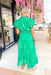 Take It To Heart Midi Dress in Green, short puff sleeve midi dress with cinching on the waist, v-neck with ruffling on the neck line, and tiering down the dress