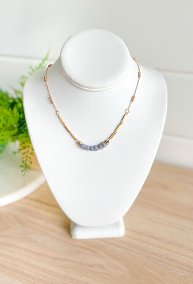 Take Some Time Necklace in Blue, gold chain bead necklace with blue bead detailing 