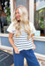 Take The Hint Sweater In Navy, white and navy striped knit short sleeve top with a mock neck 