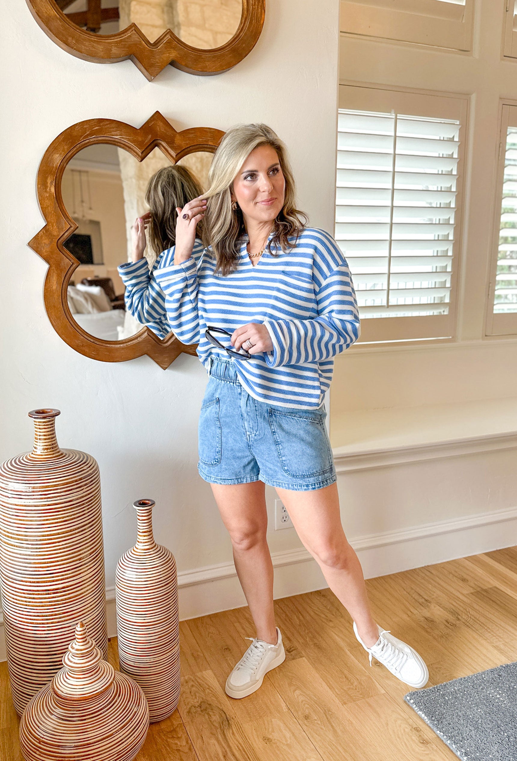 Taking The Time Striped Sweater, blue and white striped top with cuffed sleeve and v-neck