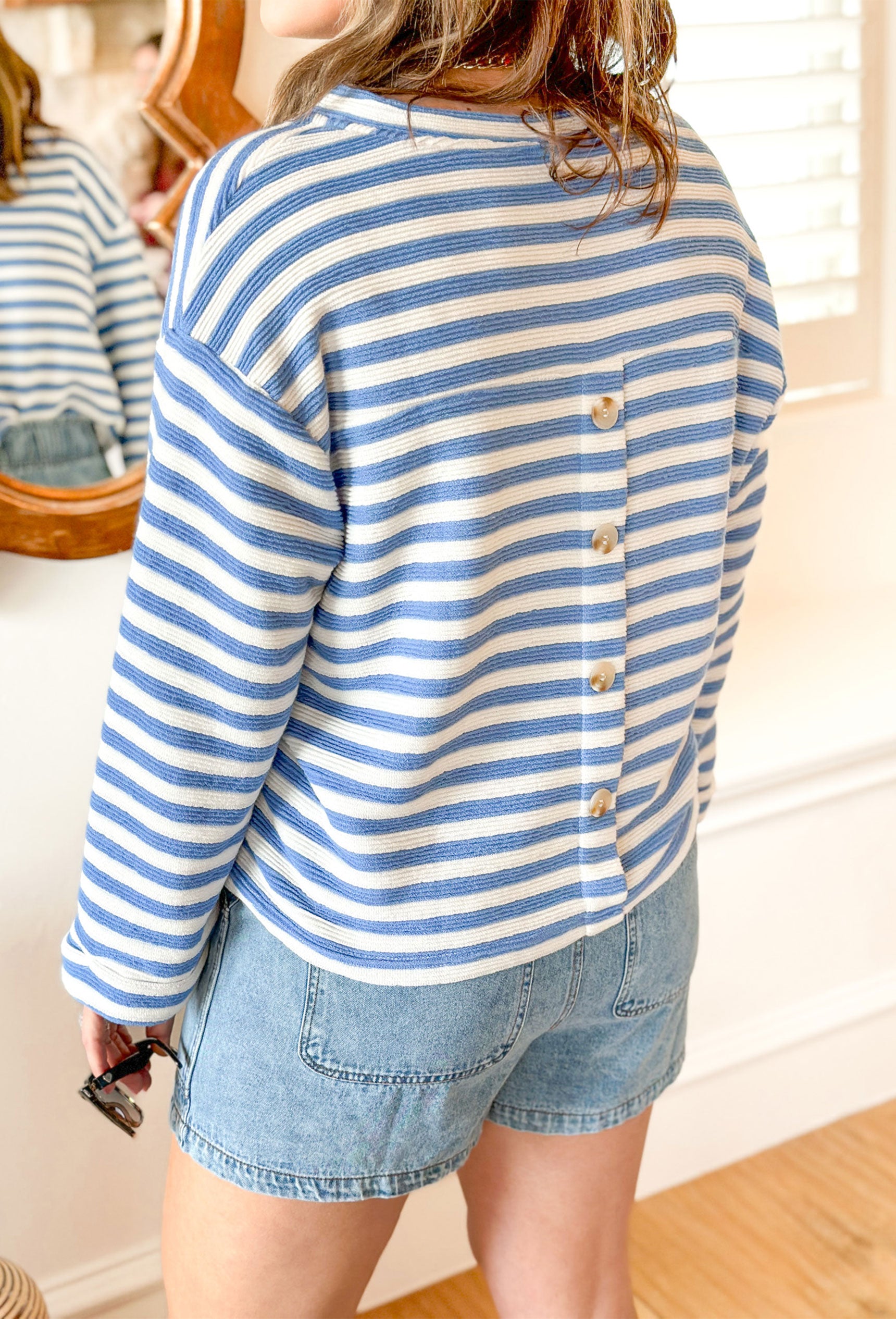 Taking The Time Striped Sweater, blue and white striped top with cuffed sleeve and v-neck