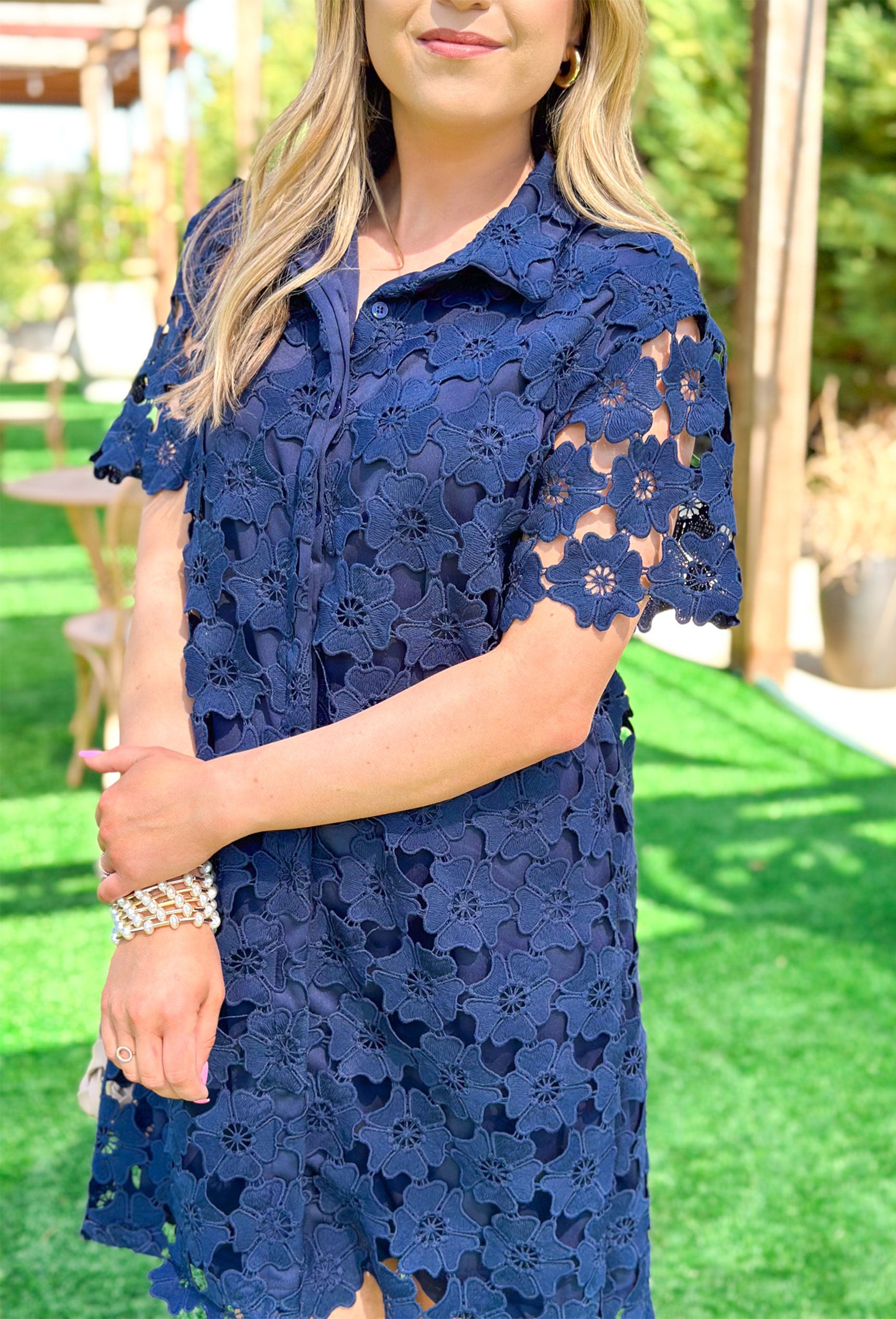 Tea At The Plaza Dress, short sleeve floral lace button up dress in navy
