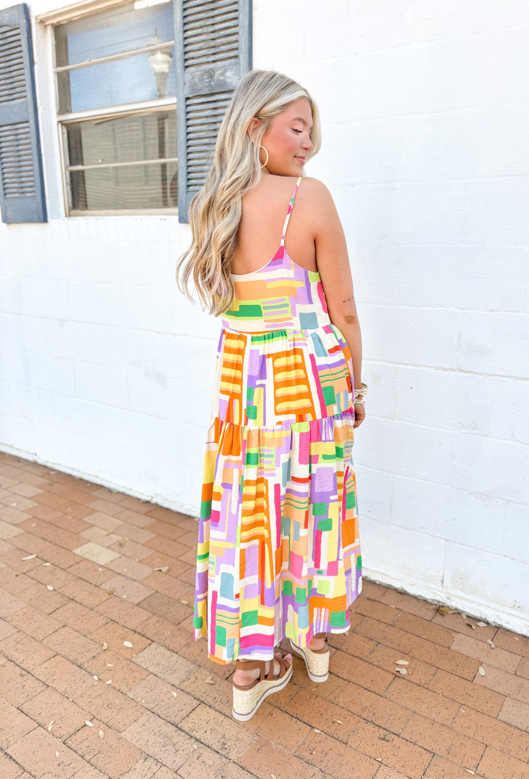 Tulum Awaits Midi Dress, spaghetti strap midi dress with abstract square pattern in the colors orange, red, green, lilac, purple, yellow, pink, and cream