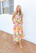 Tulum Awaits Midi Dress, spaghetti strap midi dress with abstract square pattern in the colors orange, red, green, lilac, purple, yellow, pink, and cream
