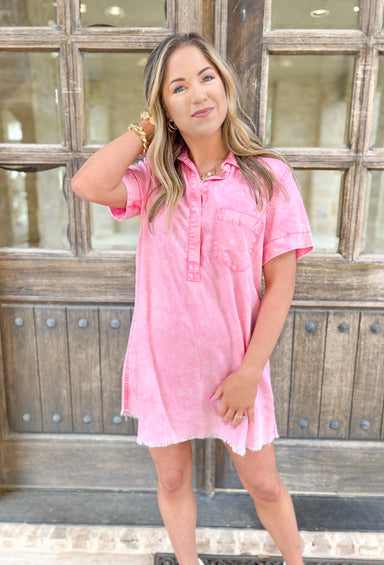 Vacation Is Calling Dress, light weight acid washed pink shirt dress with collar, front pocket, and frayed hem