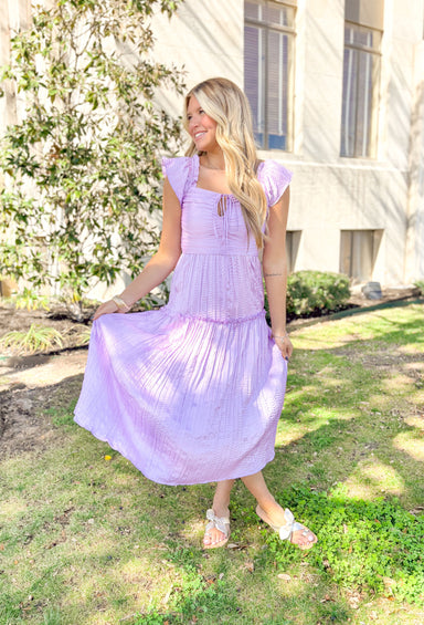 Venice Vision Midi Dress, lilac midi dress with ruffle sleeve detailing, drawstring on the chest and pleating all down the dress