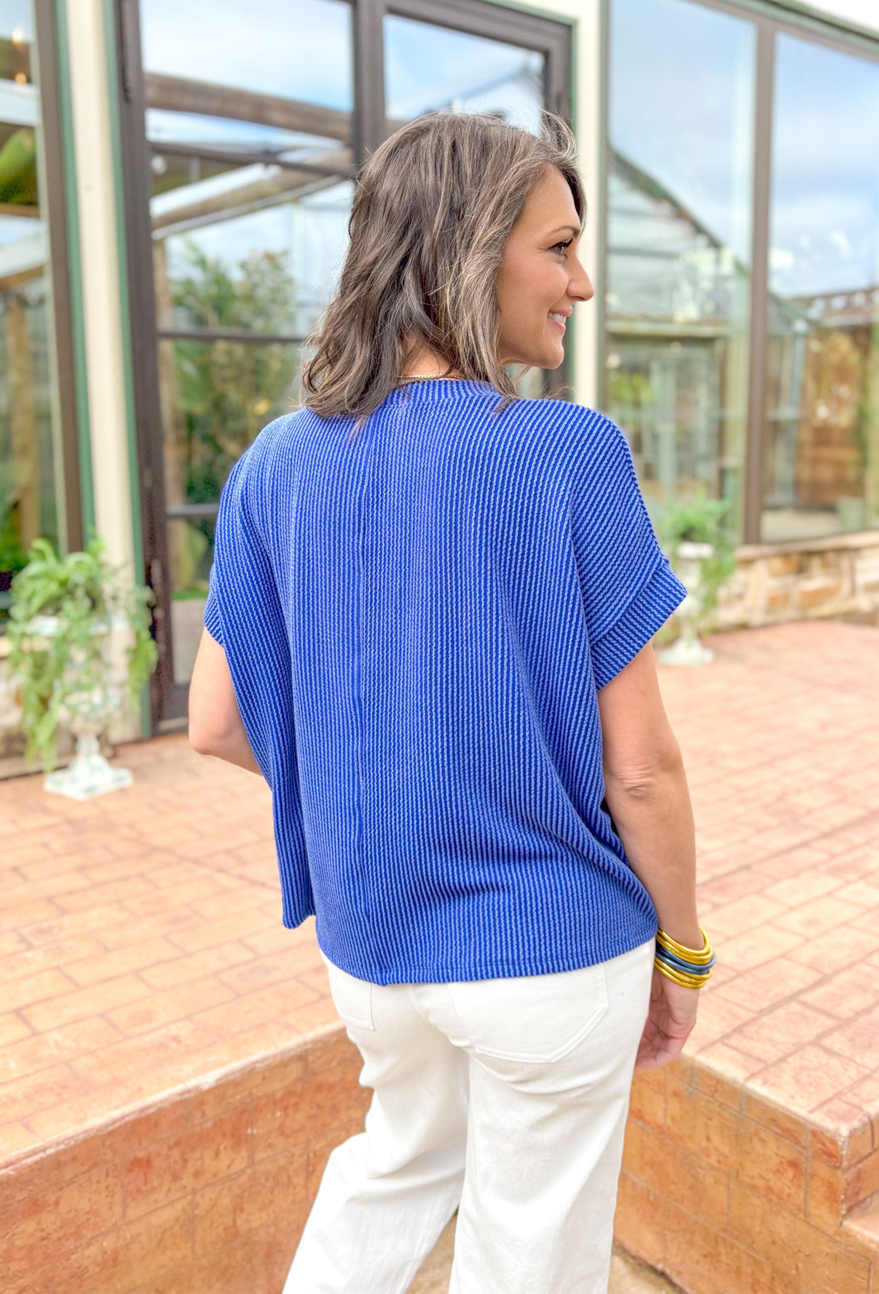 Wait Is Over Top in Royal Blue, ribbed short sleeve top in royal blue