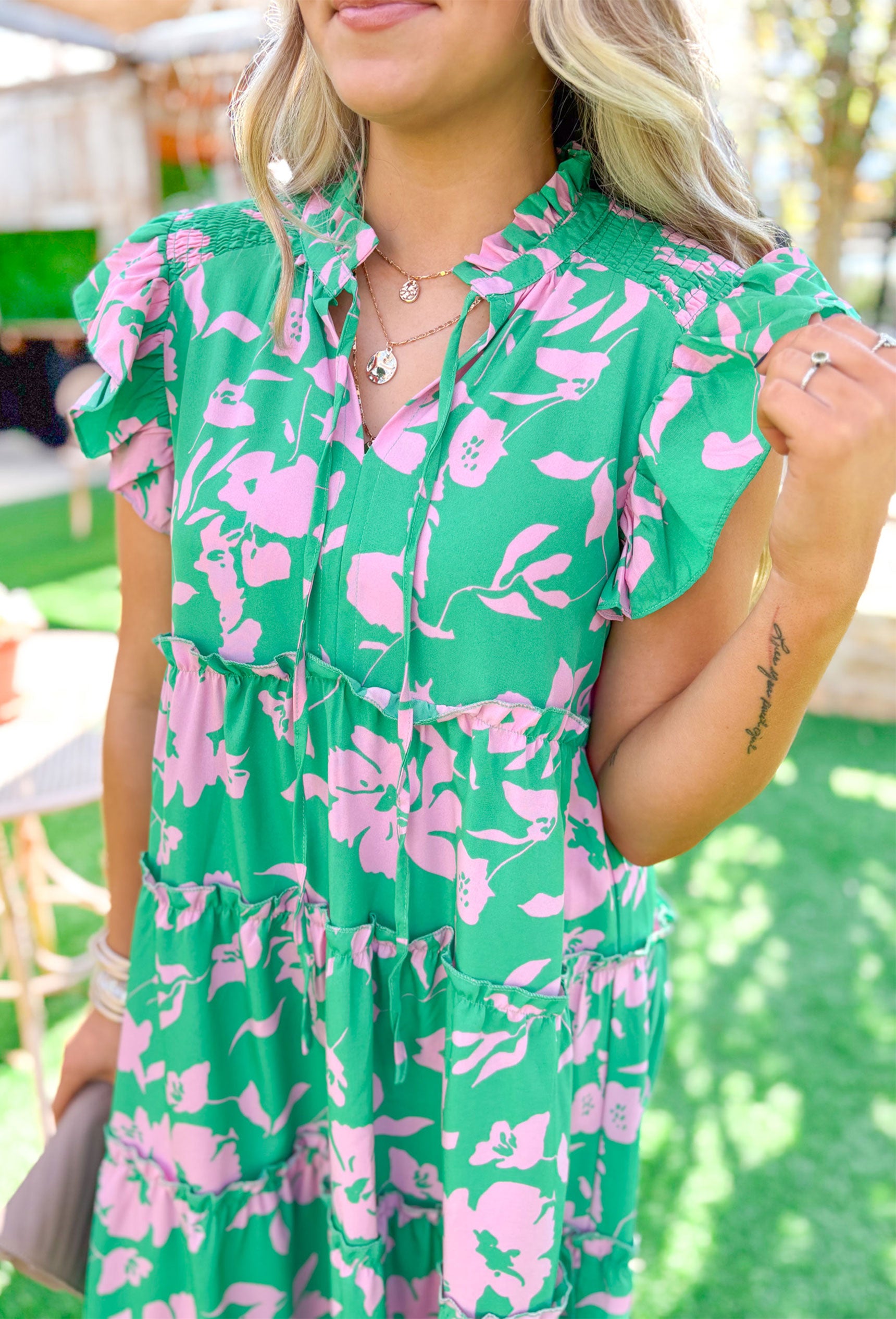 Warmer Weather Floral Midi Dress in Green, tiered midi dress with ruffling on the sleeves and slight v-neck in kelly green with pink floral print 
