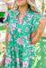 Warmer Weather Floral Midi Dress in Green, tiered midi dress with ruffling on the sleeves and slight v-neck in kelly green with pink floral print 