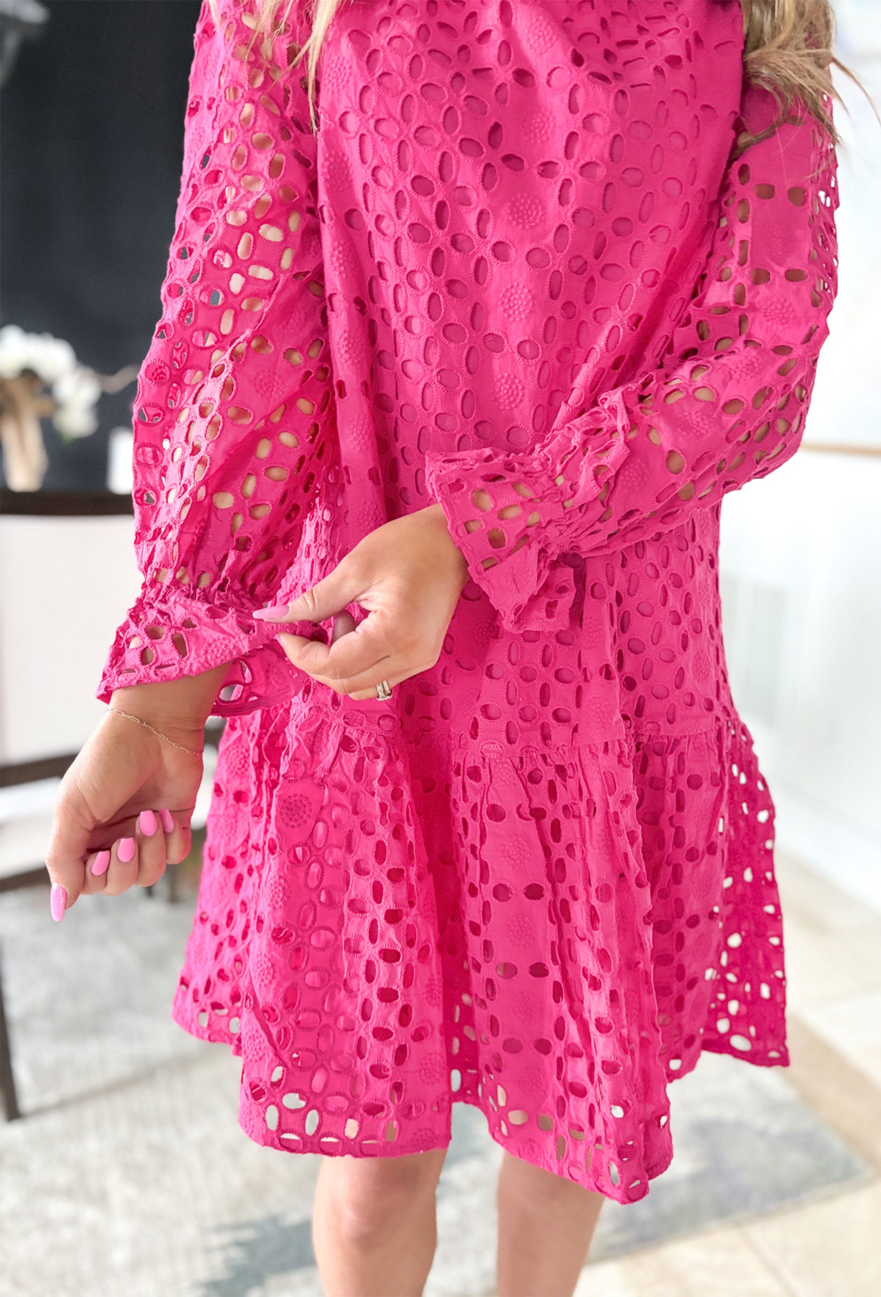 What A Shame Dress, hot pink eyelet lace long sleeve dress with mock neck and cinching at the wrists with ruffle detailing
