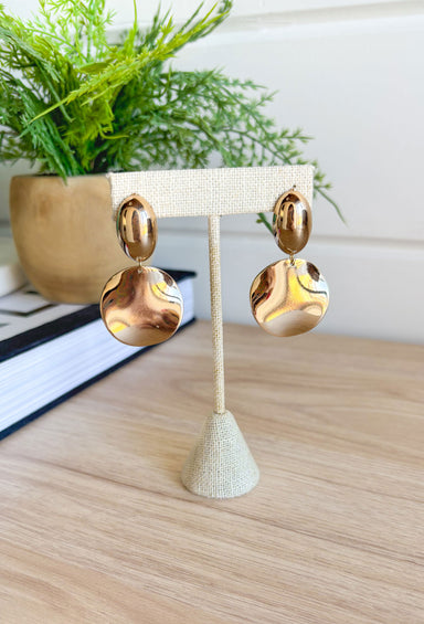 When In Doubt Earrings, oval post earring with drop down circle, shiny gold 