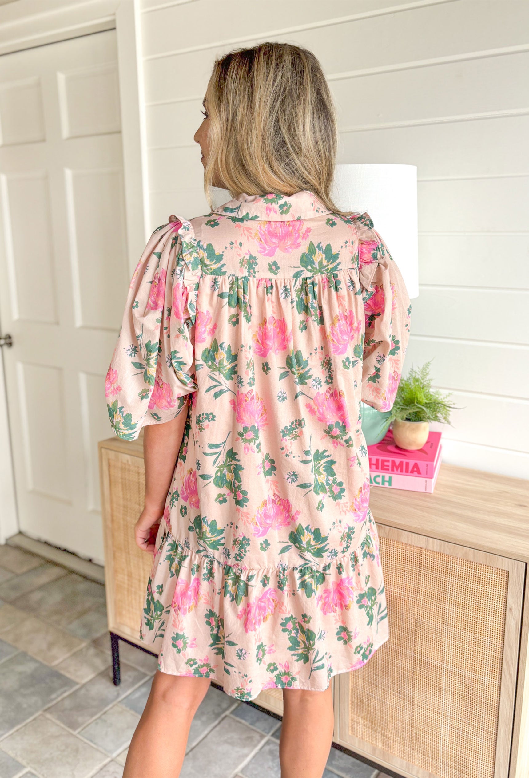 Whispered Secrets Floral Dress, blush pink short puff sleeve button down dress with collar and pink & green floral print all over the dress