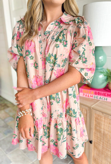 Whispered Secrets Floral Dress, blush pink short puff sleeve button down dress with collar and pink & green floral print all over the dress