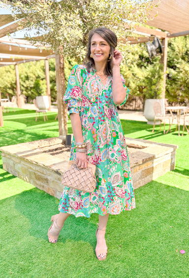 With You Always Midi Dress in Green, kelly green short sleeve midi dress with v-neck and  paisley print in orange, cream, cranberry, and light blue